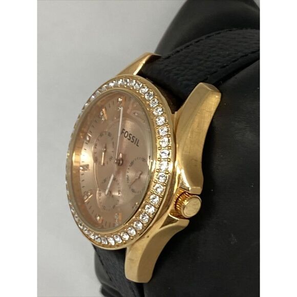 Fossil Riley ES2811 Women Black Leather Rose Gold Analog Dial Quartz Watch RK410 - Picture 4 of 12